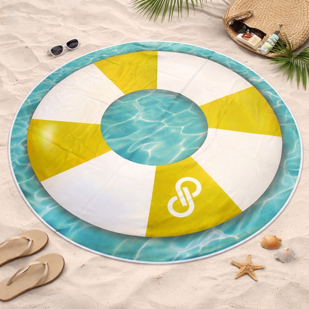 NEW - POSHMARK 60” Round Beach Towel Aqua Yellow White Logo Pool Summer